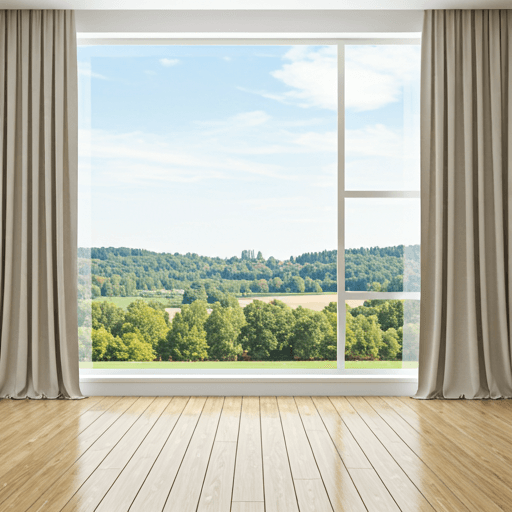 Modern bright living room with large windows